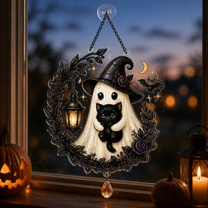 Cute Witch Ghost & Black Cat Halloween Metal Sign - 1 Layered Suncatcher with Charm b380b98c-2807-4167-b419-069836a20e0e.jpg