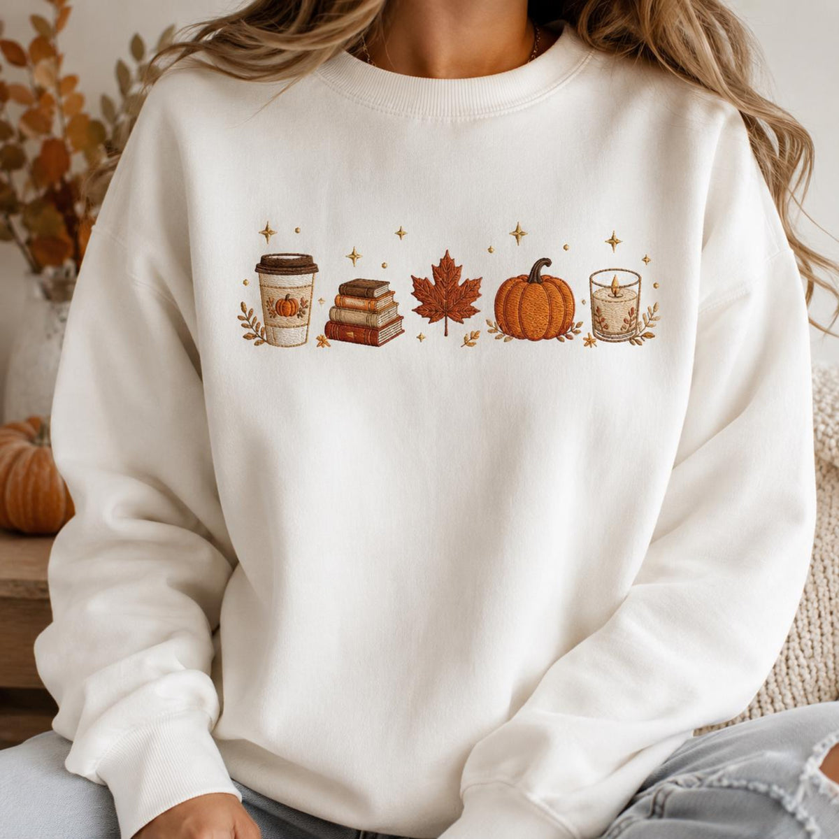 Cozy Fall Embroidered Sweatshirt, Pumpkin Coffee Book Maple Leaf Candle Shirt, Autumn Minimal Sweater, Fall Lover Gift, Thanksgiving Gift b3a51aff-0f58-4d4a-948d-bac29ab5e1b0-1.jpg