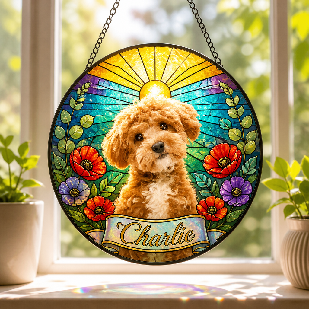 Custom Pet Photo Stained-Glass Suncatcher – Floral Sunrise - Personalized Suncatcher Stained Glass b3a6993f-a442-4bf0-af18-d78507ac854f.png