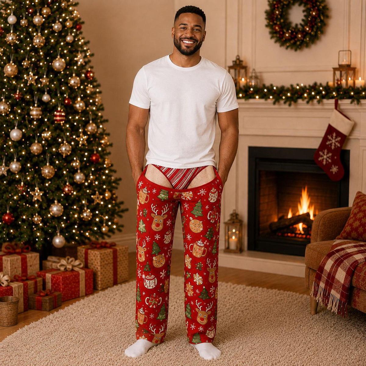 Custom Funny Men’s Pajama Pants, Fake Underwear Illusion PJs, Gingerbread Holiday Lounge Pants, Gag Gift b3abd30e-2141-4796-ab88-ac68a831929e-4.jpg