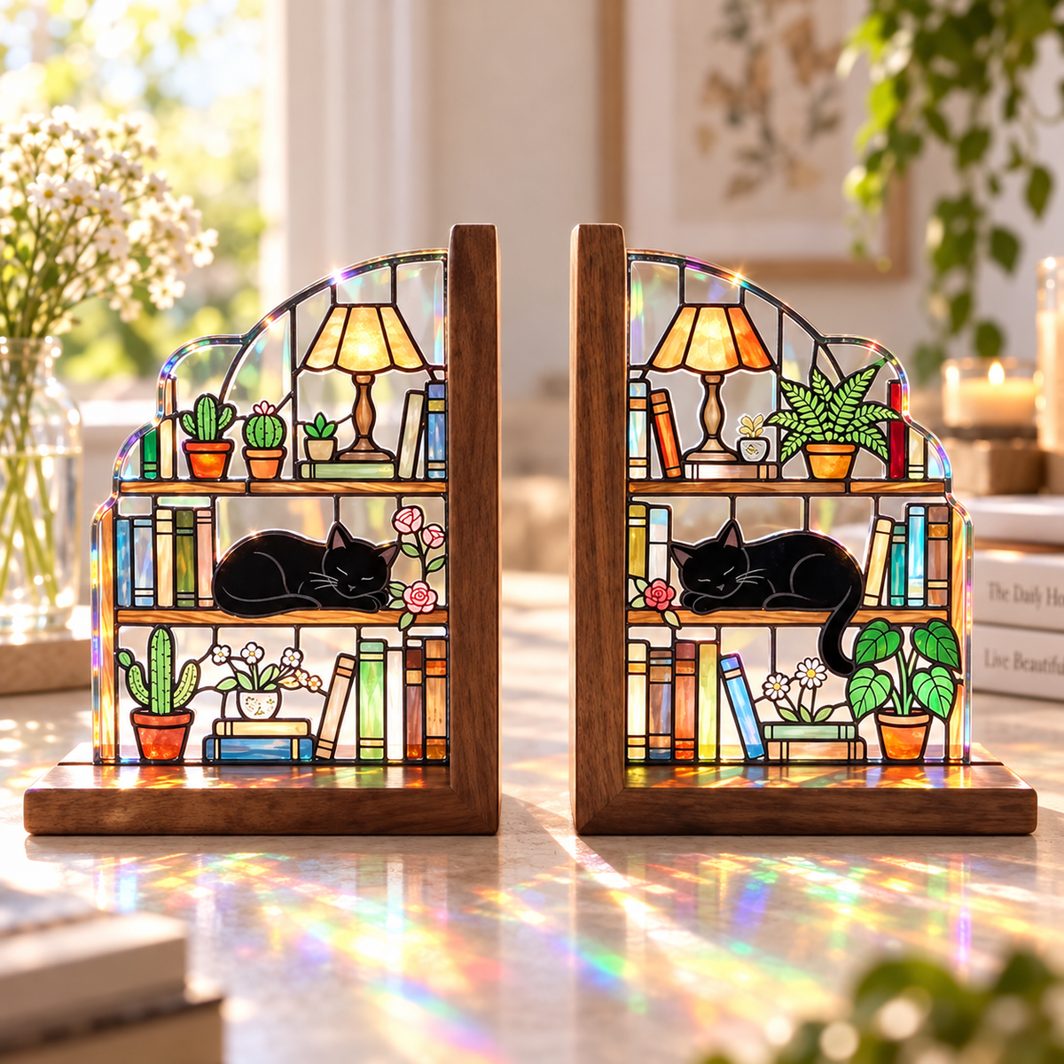Custom Cat Bookends Stained Glass Personalized Cat Couple Flowers Mortise Wooden Book Holder Bookish Gift b3b09665-9e45-4688-bc21-ce9485531f32-6b70670d-948a-4c76-97ba-6c2f275d9a75.png
