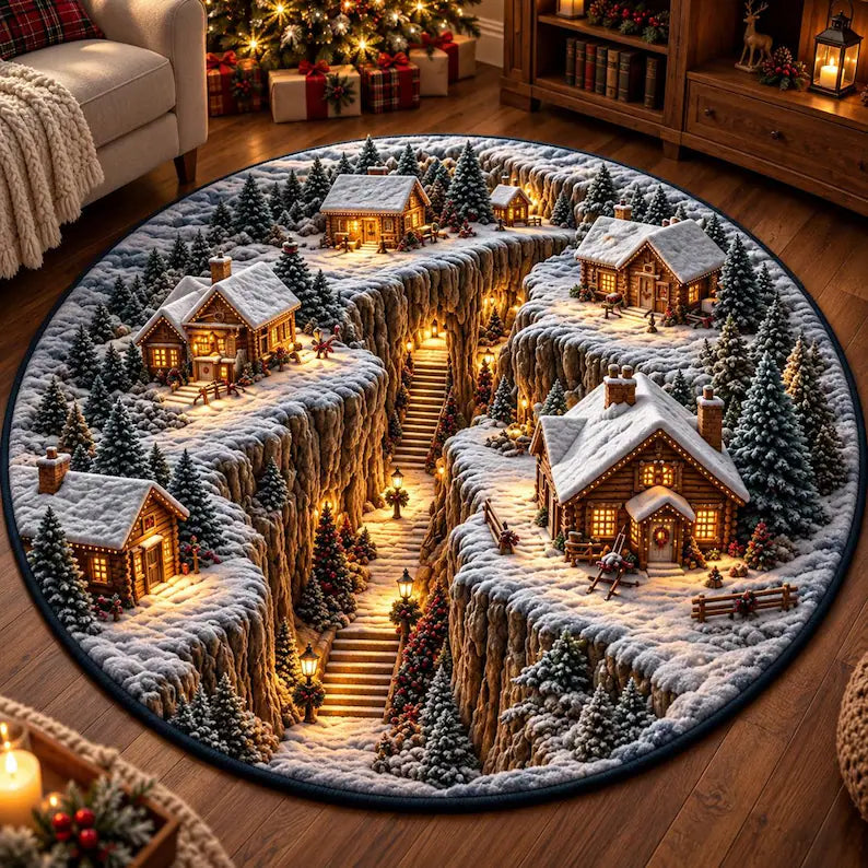 3D Christmas Village Round Rug, Snowy Cabin Winter Rug, Mountain Lodge Optical Illusion Carpet, Rustic Christmas Home Decor b3b4c8df-0a79-42f2-8077-2404900784ca-ghghghghghghghghghghgh.webp