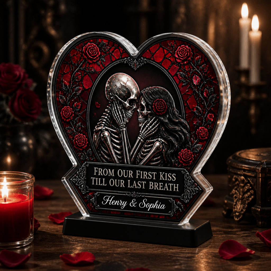 Gothic Skeleton Lovers Heart Plaque – From Our First Kiss… (Personalized Names) - Personalized Heart Shaped Acrylic Plaque b414bab5-0204-4e28-8600-9463ef7bbea4.jpg