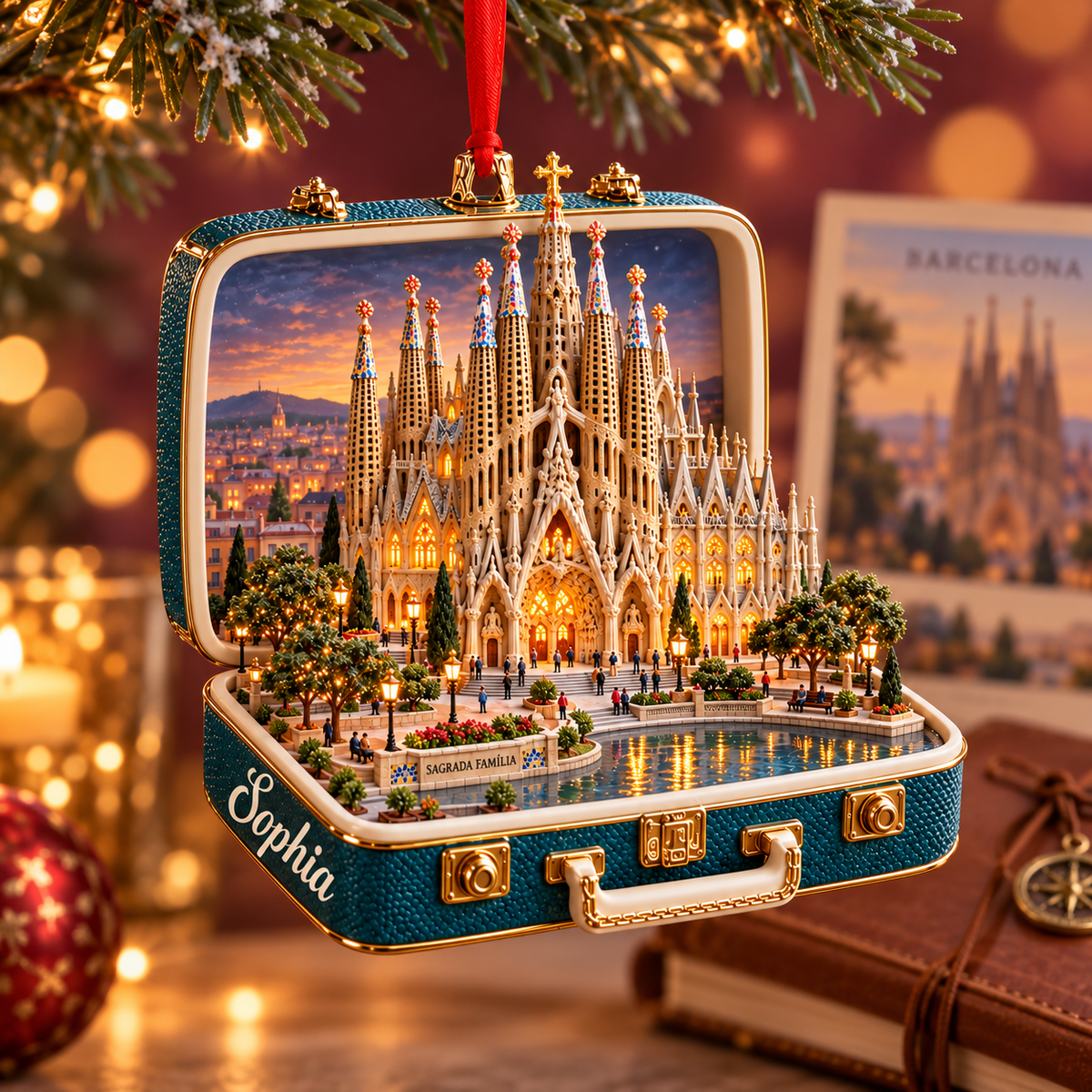 Personalized Sagrada Familia Suitcase Christmas Ornament – Barcelona Spain Travel Souvenir & Gift for Barcelona Lovers b42833f7-12de-495a-b82b-4f4ca7f164ad-Sagrada-Fam-lia-suitcase-ornament-in-holiday-bokeh-1.png