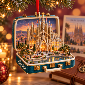 Personalized Sagrada Familia Suitcase Christmas Ornament – Barcelona Spain Travel Souvenir & Gift for Barcelona Lovers b42833f7-12de-495a-b82b-4f4ca7f164ad-Sagrada-Fam-lia-suitcase-ornament-in-holiday-bokeh-1.png