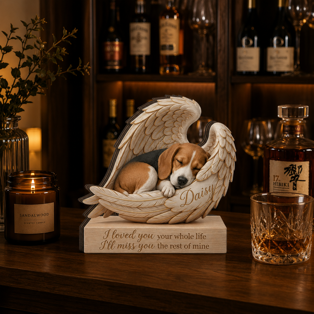 Personalized Wood  Beagle Memorial Block: Custom Angel Wing Dog Portrait Stand, Pet Sympathy Gift