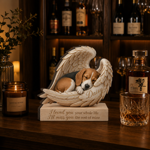 Personalized Wood  Beagle Memorial Block: Custom Angel Wing Dog Portrait Stand, Pet Sympathy Gift
