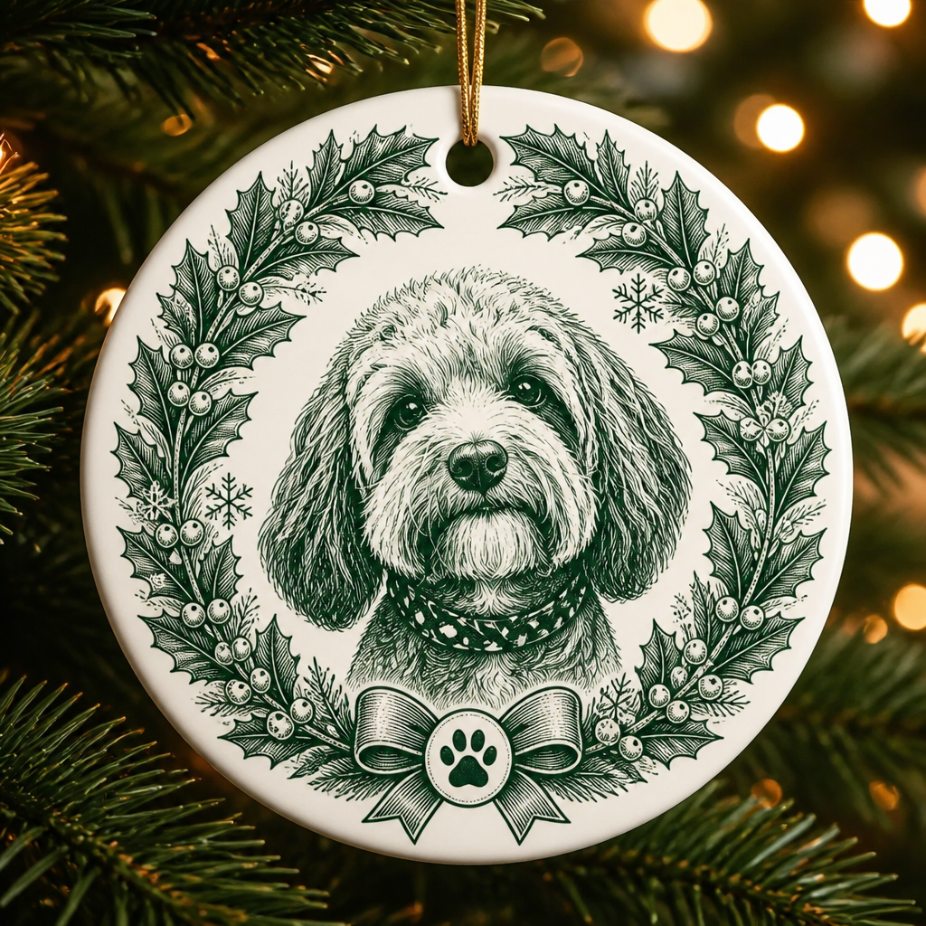 Custom Pet Portrait Holiday Wreath Ornament (Engraved Style) - Personalized Ornament b4a225fa-adc4-449a-9d2d-a303e70e161b.png