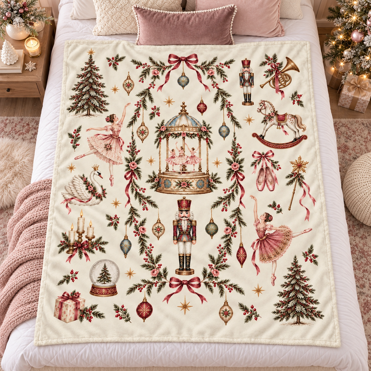 Nutcracker Christmas Flannel Blanket, Vintage Ballerina and Pink Bow Print, Cream Holiday Throw, Ballet Dancer Gift b4a91d09-c560-403f-8fd2-7566ce5c3a82-2b449249-30b2-4a17-b5f3-248d1c4d8166.png