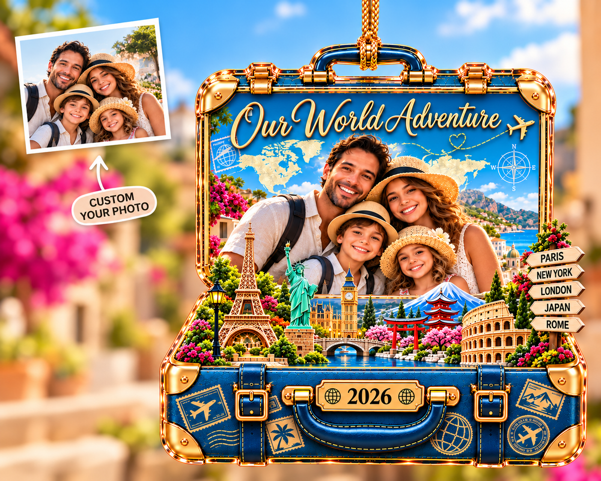 Personalized Family Photo Travel Suitcase Ornament – Our World Adventure, Custom Photo & Year Keepsake, Christmas Gift for Travel Lovers b4ef2e01-eddd-4331-ad22-29fba8aede7c-Our-World-Adventure-Travel-Ornament.png