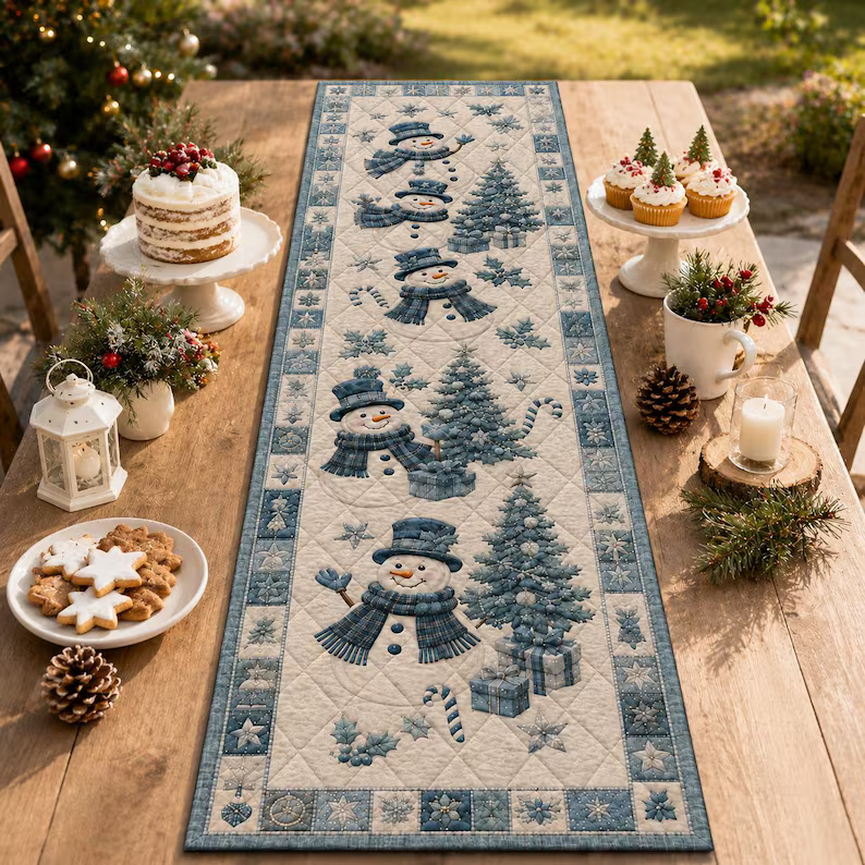 Snowman Quilted Christmas Table Runner, Blue Snowflake & Christmas Tree Design, Cozy Farmhouse Winter Dining Decor b5274809-eed4-4329-841f-313b1ecce358-y3.png