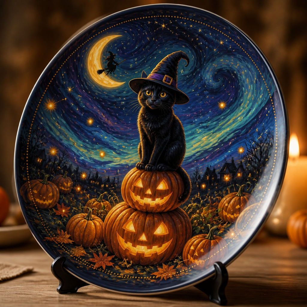 Whimsical Halloween Night Cat Ceramic Plate - Personalized Ceramic Plate b52dd6b6-a6f6-4ab4-90f2-dcd50cc110f4.jpg