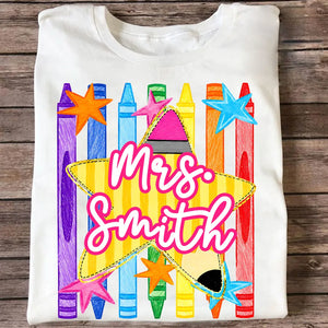Striped Custom Teacher Name Pencil Crayons - Personalized Shirt - Back To School Gift for Teachers