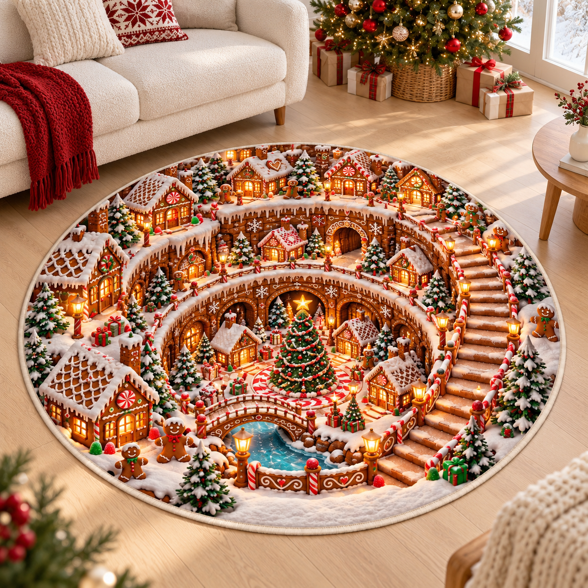 Gingerbread Village 3D Illusion Round Rug, Candy Cane Christmas Floor Mat, Winter Wonderland Area Carpet, Festive Holiday Home Decor b5c13088-c891-4b9b-8b4f-f0f9a597d196-Gingerbread-wonderland-rug-in-Scandinavian-living-room-1.png