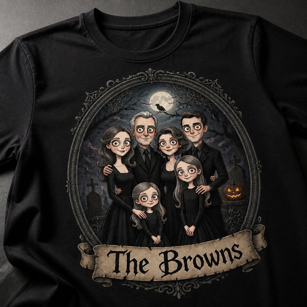Custom Spooky Family Portrait Tee – Gothic Cartoon Style - Personalized T-shirt b5d235e0-43f8-4b2c-97ab-b03bcd68b3cc.jpg