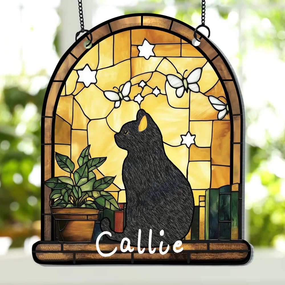 Personalised Stained Glass Style Black Cat Acrylic Ornament Window Balcony Decor Birthday Gift for Friend Family Pet Lover