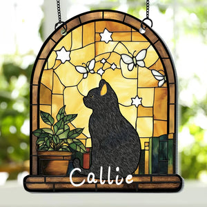 Personalised Stained Glass Style Black Cat Acrylic Ornament Window Balcony Decor Birthday Gift for Friend Family Pet Lover