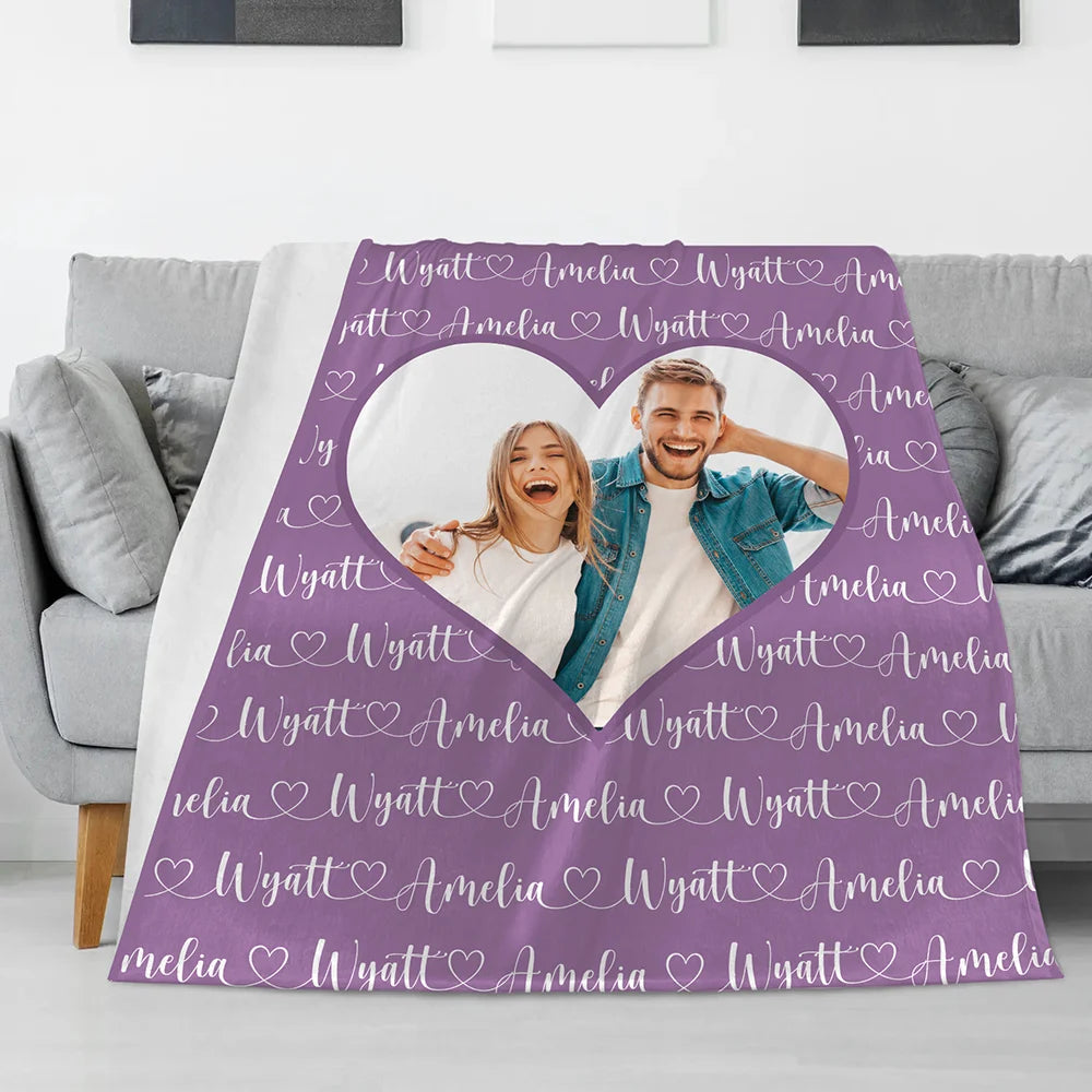 Personalised Heart Couple Photo Soft Throw Blanket with Name Home Decor Valentine's Day Anniversary Gift for Couple