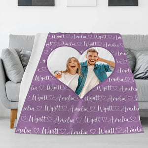 Personalised Heart Couple Photo Soft Throw Blanket with Name Home Decor Valentine's Day Anniversary Gift for Couple