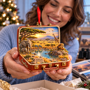 Personalized African Savanna 3D Suitcase Christmas Ornament – Safari Travel Souvenir & Gift for Wildlife Lovers b63a0896-f790-4a42-9be1-f72d6c1b725f-Traveler-admiring-an-African-savanna-keepsake-2.png