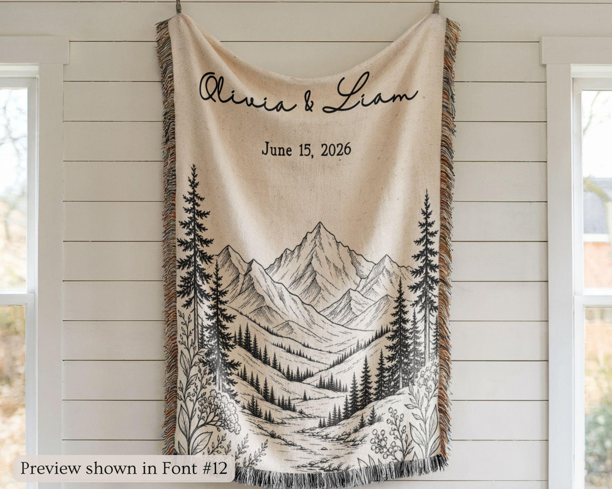 Personalized Mountain Woven Blanket, Custom Couple Name Date Throw, Forest Wedding Gift, Cotton Anniversary Gift for Couples Nature Lovers b64fae90-59f2-4388-a922-4f677868f9cd-3.jpg