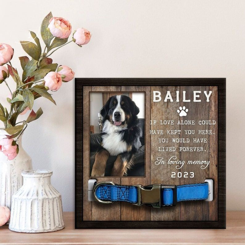 Custom Memorial Pet Collar With Photo, Pet Sympathy Gift, Dog Memorial Frame For Loss Of Dog, Memorial Wood Frame With Collar