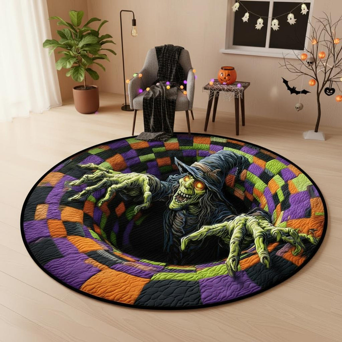 Halloween Witch & Ghost Round Rug, Spooky Welcome Mat, Cozy Indoor Carpet, Haunted Floor Mat for Entryway or Bedroom, Perfect Fall Gift Idea b6ca5504-40c9-49b8-b01c-a7c18c6fbc21-2.jpg