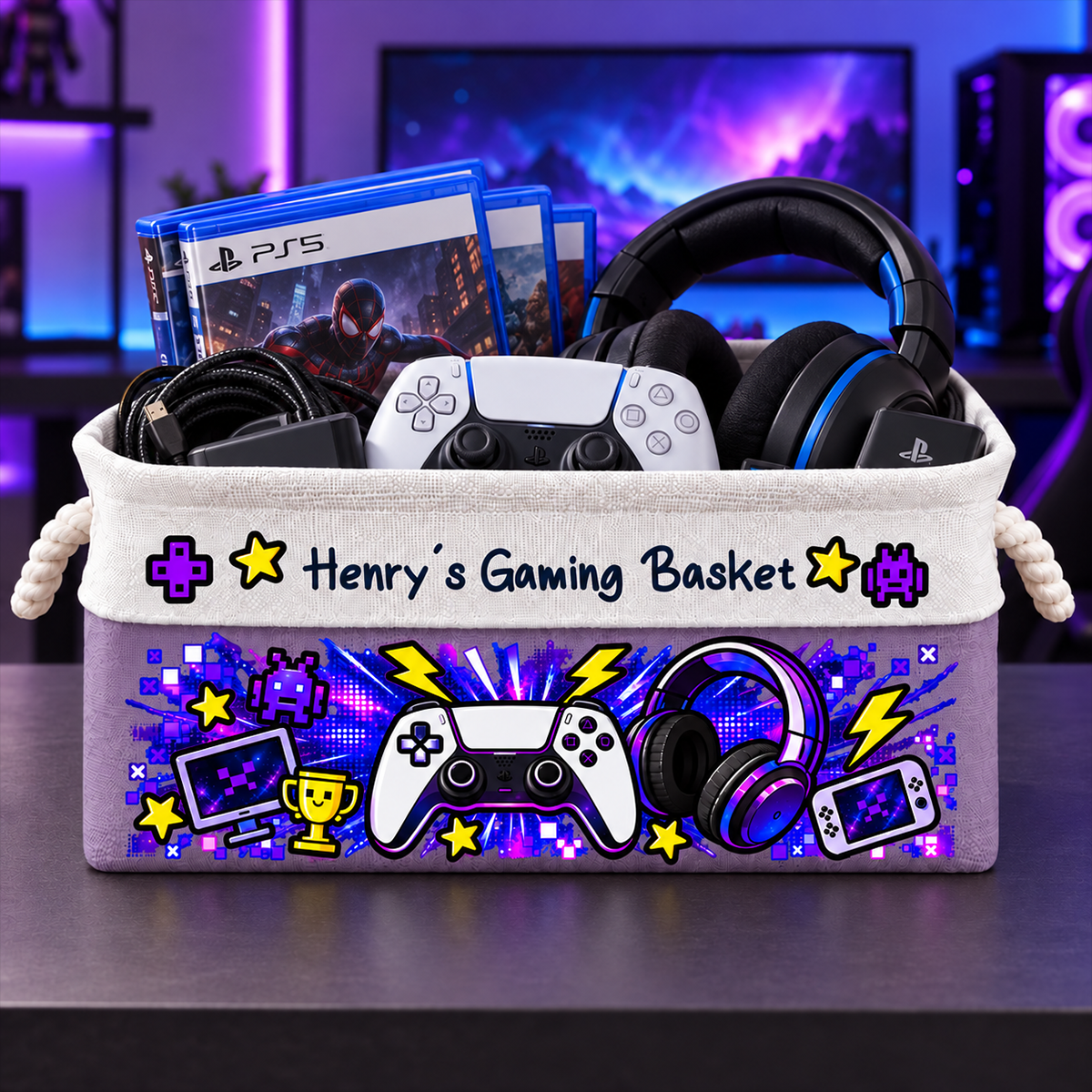 Gaming Basket For Son, Daughter Custom With Name - Personalized Storage Basket b6e3da7a-3c3d-4329-92ea-b4fb3323a78f-1.png