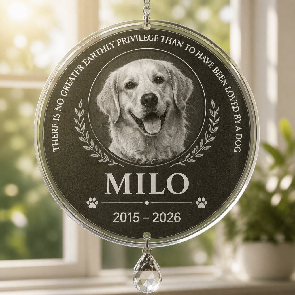 Pet Memorial Slate – Loved By A Dog (Photo + Name + Years) - Personalized 1 Layered Suncatcher with Charm b6f61f5e-74d5-41c5-af10-329b35404637.png