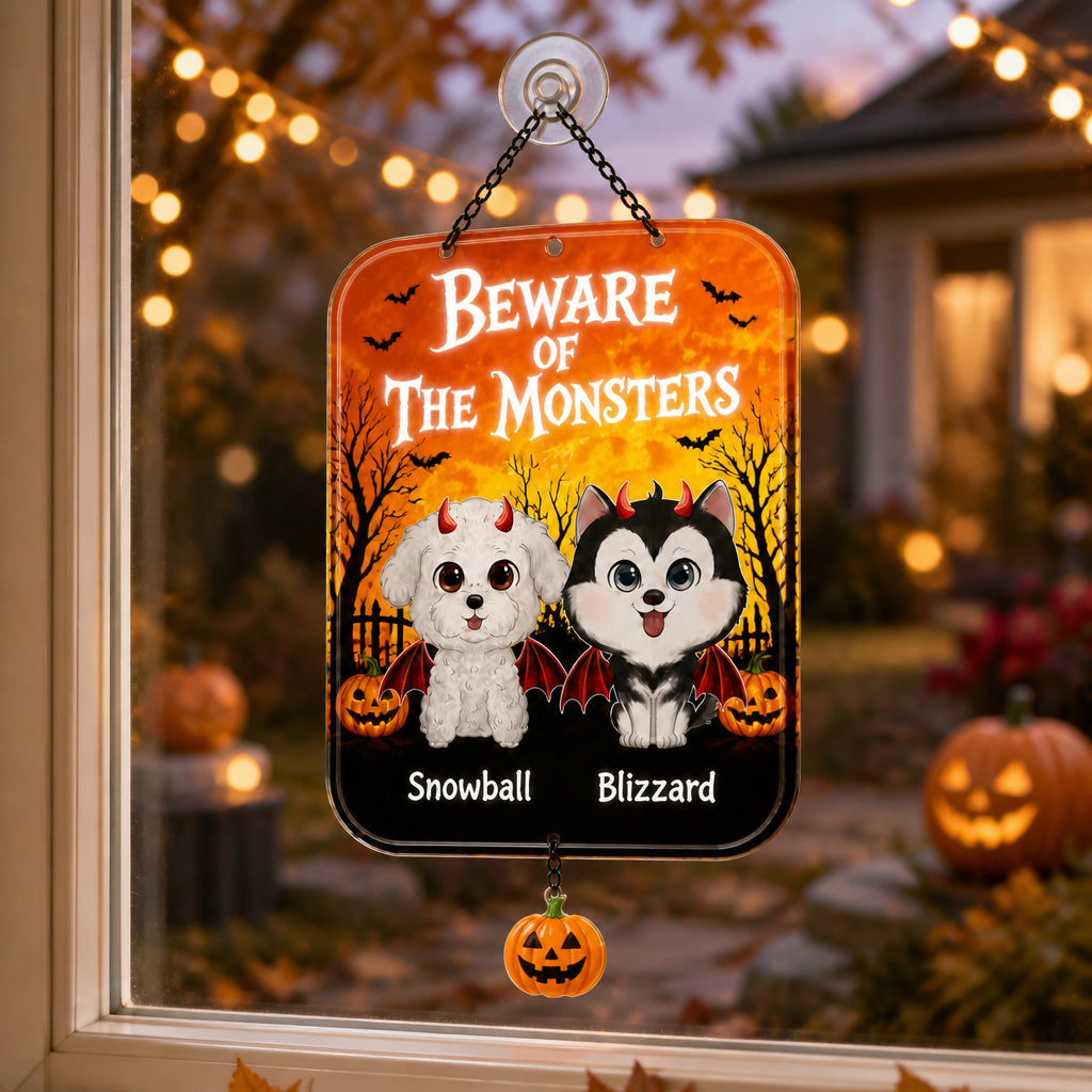 Halloween Beware of the Monsters Pet Garden Flag – Custom Cartoon Portraits - Personalized 1 Layered Suncatcher with Charm b73dfee9-2d6f-45e0-9841-918631fee308.jpg