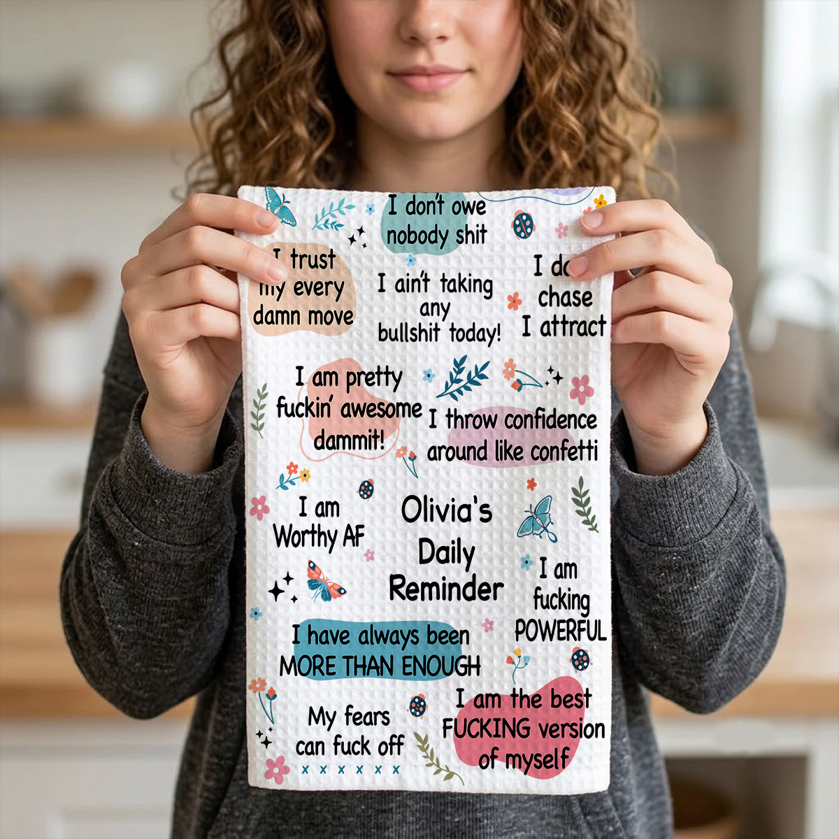 Girl's Affirmations Daily Reminder - Personalized Name Waffle Weave Kitchen Towel, Housewarming Gift b78654eb-2dde-4350-81c8-ae2f9977ebf8-5-2-.png