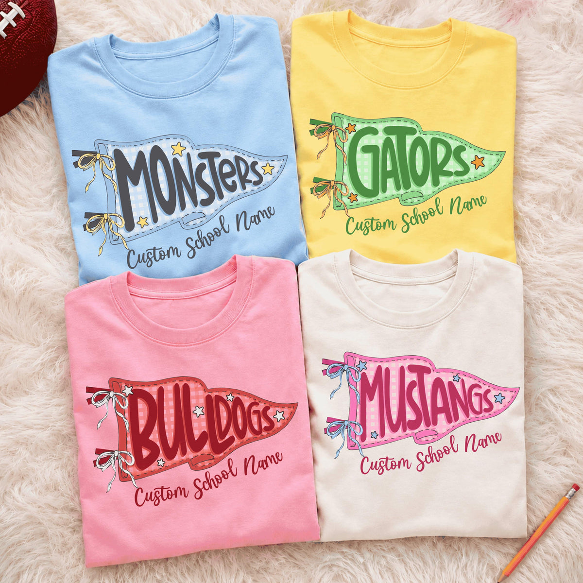 Custom School Spirit Flag Mascot Shirt, Personalized Coquette Bow Pennant Tee, Gingham School Spirit Game Day Shirt, Cute Team Spirit Gift b78c30e9-6e71-48b0-99c9-ea16ae2675b4-1.jpg