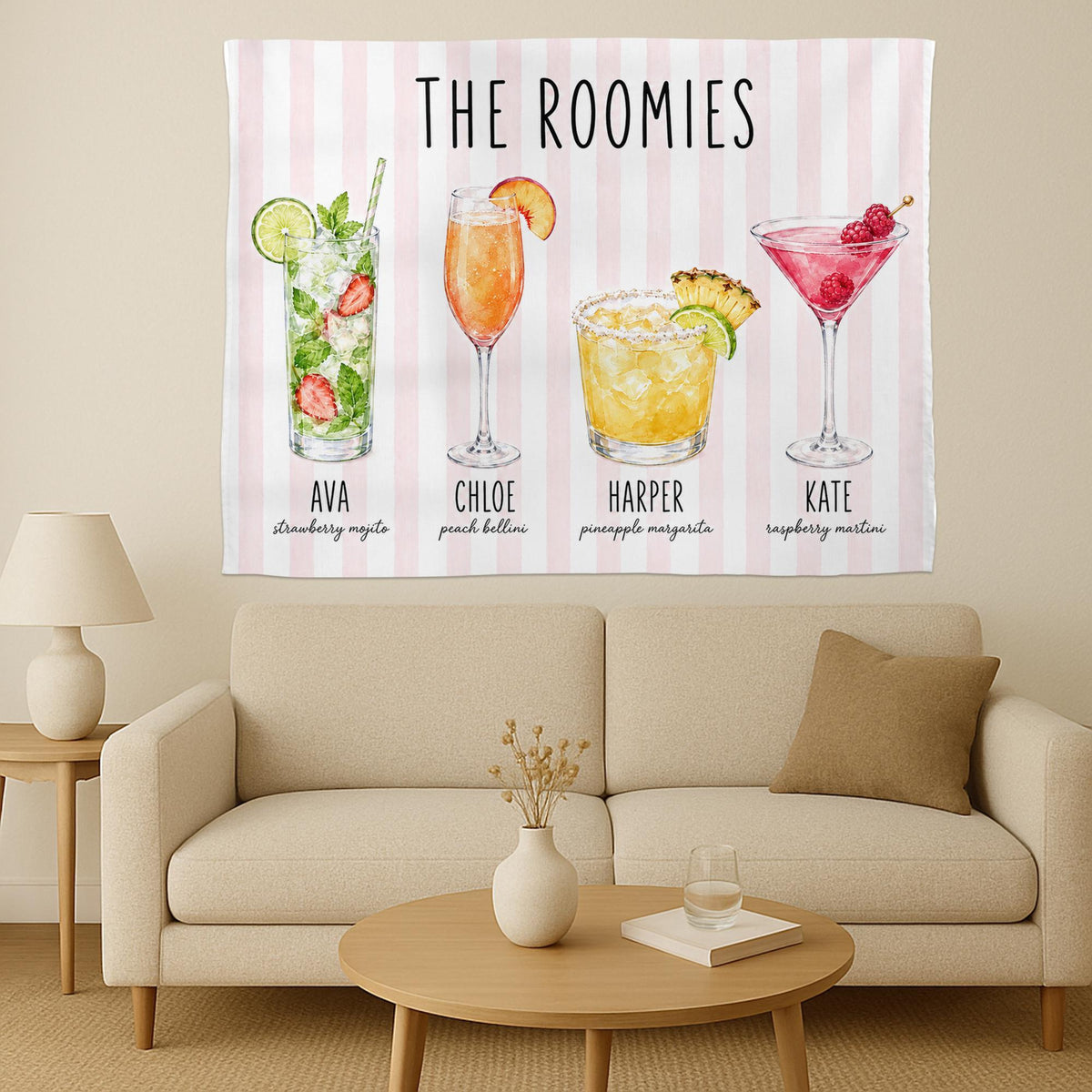 Custom Roommate Drink Backdrop, Roommates as Drinks, Trendy College Apartment Dorm Art, Bar Cart Decor, Personalized Wall Art