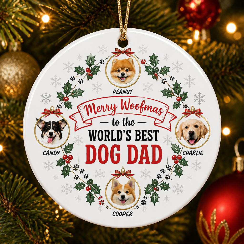 Merry Woofmas – World’s Best Dog Dad Photo Ornament - Personalized Ornament b80fe688-10d5-4087-a276-a18e5739d7f5.png