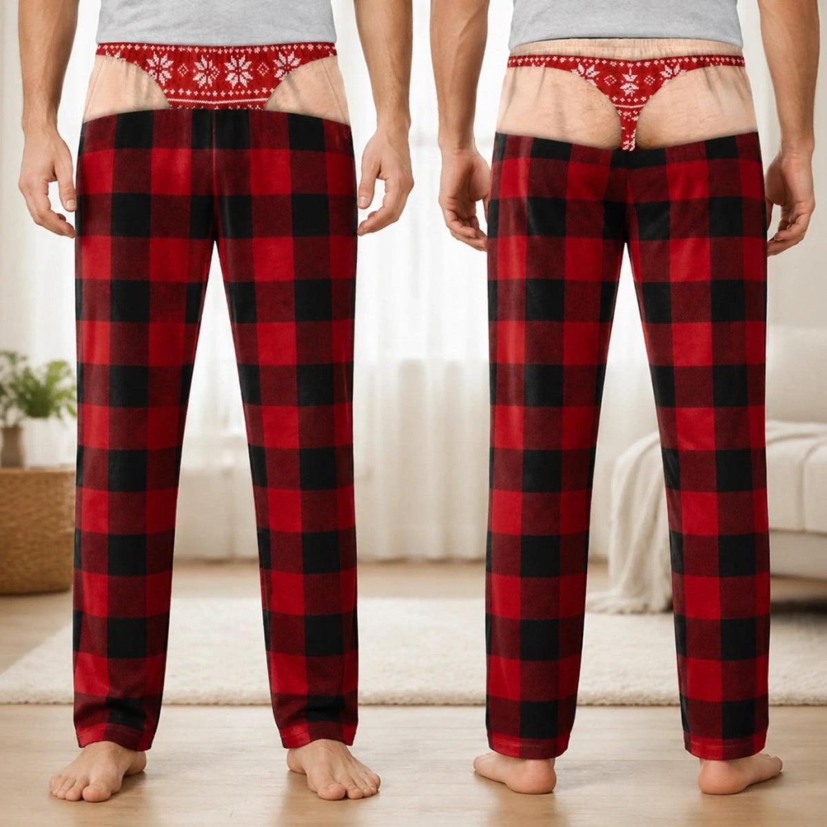 Custom Funny Men's Christmas Pajama Pants, Fake Underwear Illusion Plaid Bottoms, White Elephant Gag Gift Him b81f4382-5f4d-4cec-aacf-3e8f46a110fa-5.jpg