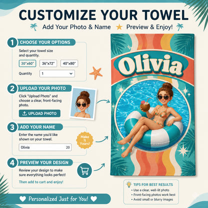 Photo-to-Cartoon Beach Towel – Name + Pool Float Portrait - Personalized Beach Towel b82039e9-be41-427e-aba0-23dfc6a34eab.jpg