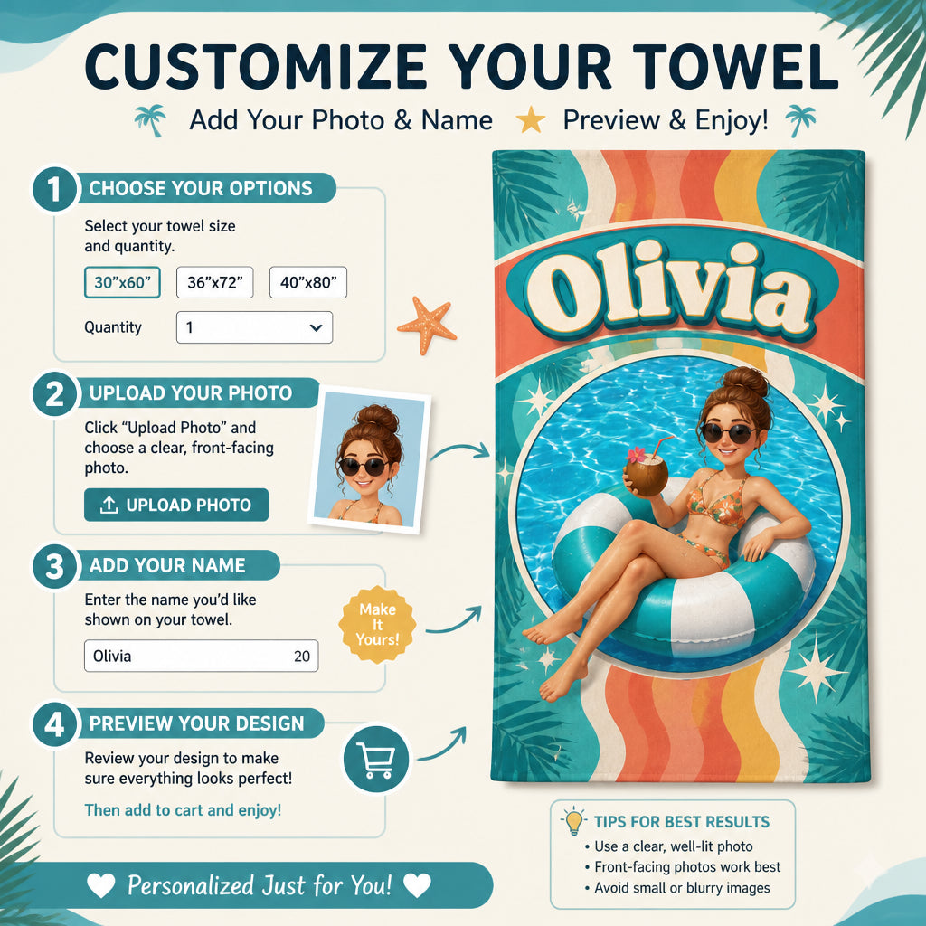 Photo-to-Cartoon Beach Towel – Name + Pool Float Portrait - Personalized Beach Towel b82039e9-be41-427e-aba0-23dfc6a34eab.jpg