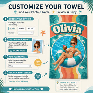 Photo-to-Cartoon Beach Towel – Name + Pool Float Portrait - Personalized Beach Towel b82039e9-be41-427e-aba0-23dfc6a34eab.jpg