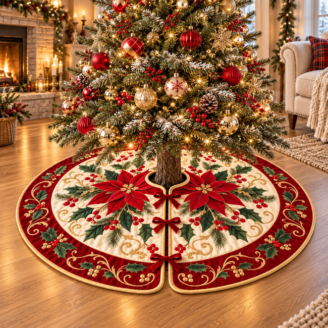Poinsettia Christmas Tree Skirt, Red and Gold Floral Holiday Decor, Soft Velveteen Tree Stand Cover b85366a5-3fea-4222-beeb-e8f49b161bc9-banner-1.png