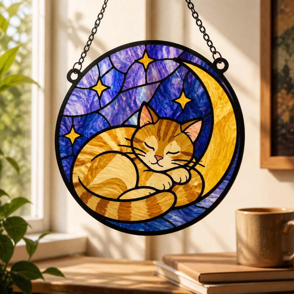 Sleeping Cat Crescent Stained Glass Suncatcher - Suncatcher Stained Glass b895b68e-9cf8-4d8f-ba9e-e6124eb49b81.jpg