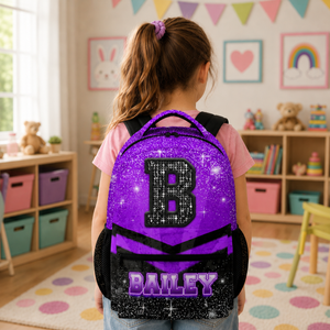 Backpack for Girls Boys Kindergarten, Personalized Cheerleader Schoolbag for Kids Preschool Primary, Lightweight Black Glitter Custom Initial Name Cheer Bookbag for School Travel Hiking