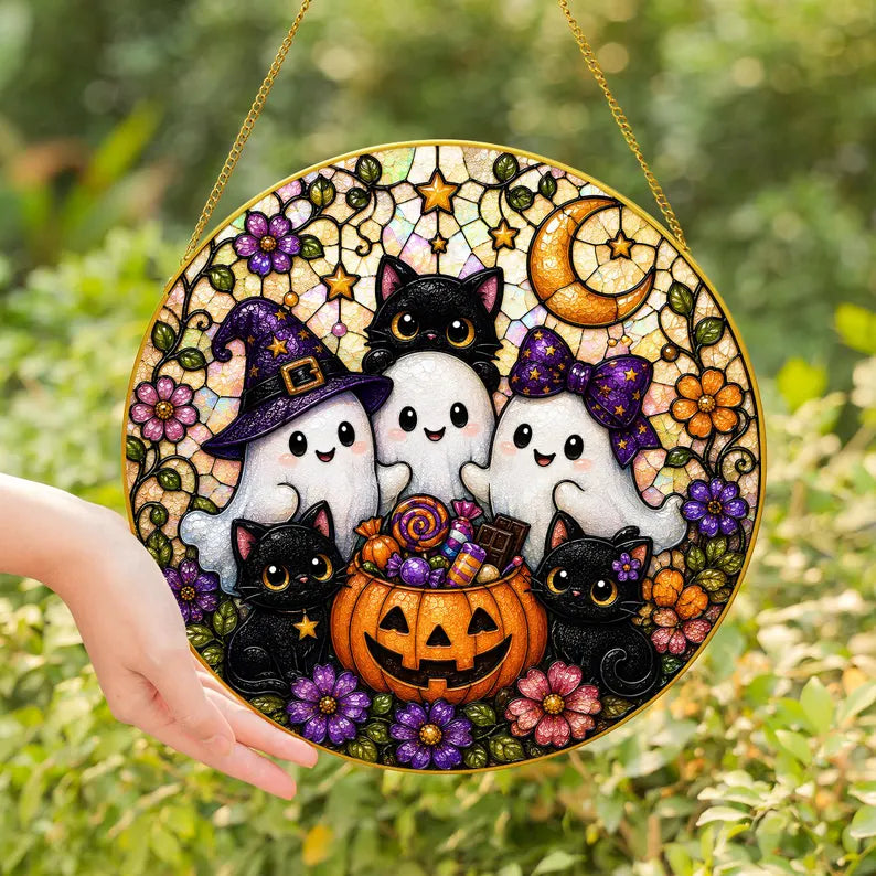 Halloween Ghost Cat Stained Glass Window Suncatcher, Cute Spooky Feline Decor, Witchy Autumn Hanging Art Gift - Golden Frame b8ddfead-d733-407f-a1a2-a0ee6e286b77-trh.webp