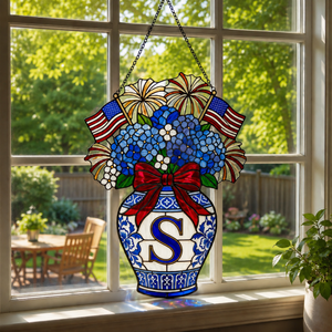 USA 250th Anniversary Flag Bow Faux Stained Glass Acrylic Hanging, Blue Hydrangeas Chinoiserie Vase 1776-2026 Decor, Patriotic Suncatcher