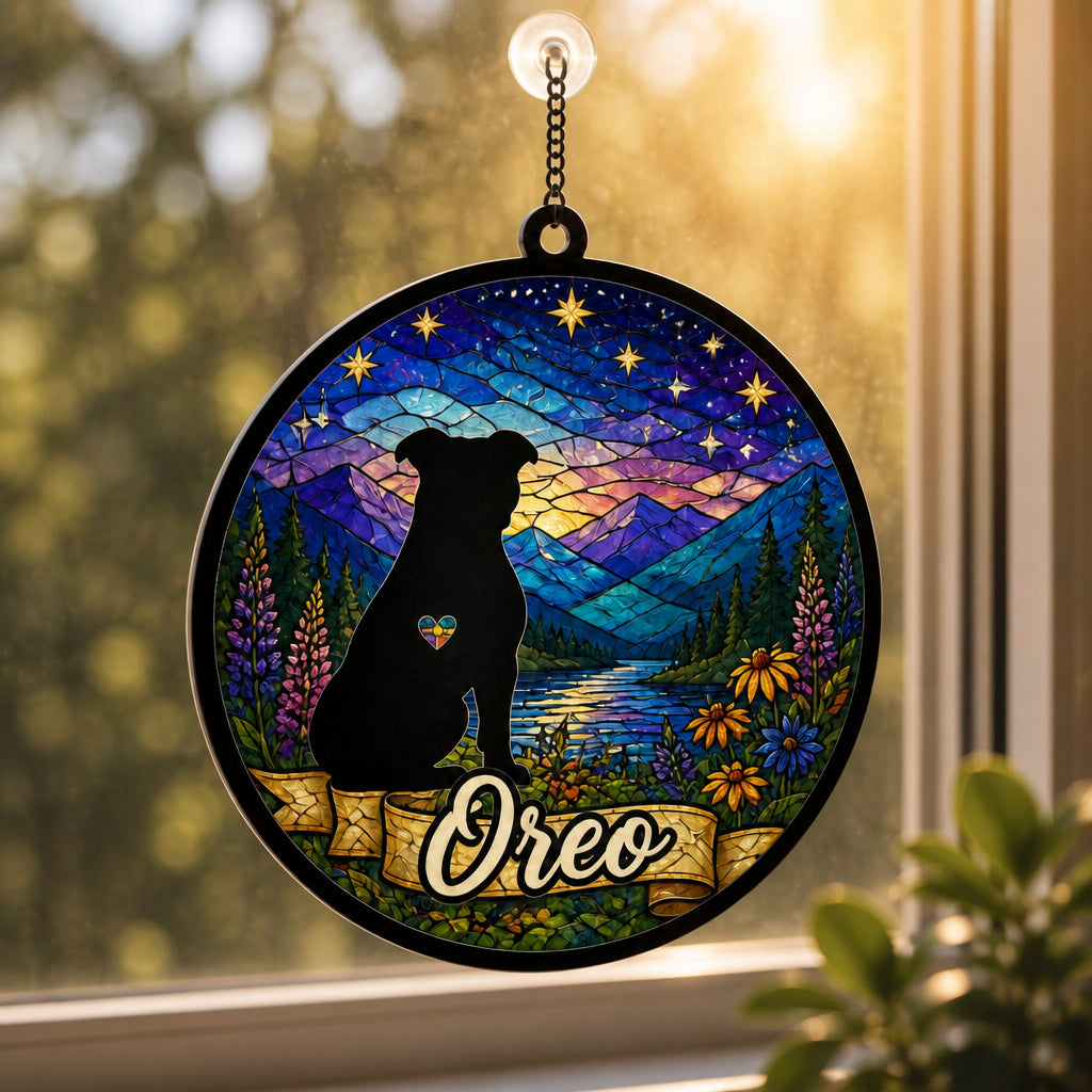 Personalized Dog Silhouette Stained-Glass Suncatcher (Pet Name) - Personalized Suncatcher Ornament b951bf5e-0e05-4695-bb16-4280a1e028cc.jpg