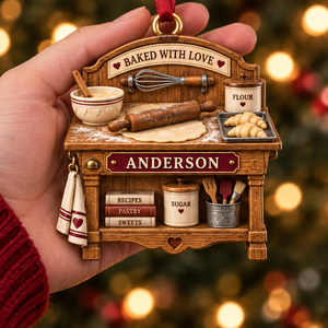 Personalized Baker Ornament, Custom Name Baking Station Christmas Ornament, Bakery Owner Gift b97f2964-da9e-4e10-b7af-47c6df8c7488-baker_workbench_mockup_3_handheld.png