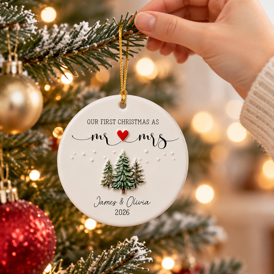 First Christmas Mr and Mrs 3D Relief Ceramic Ornament, Custom Married Keepsake, Personalized Newlywed Gift, Couple Ornament Gift for Wife b988755e-eb3a-4d2e-8292-57d19e5de2d7-mockup_tay_treo_tren_cay_thong.png