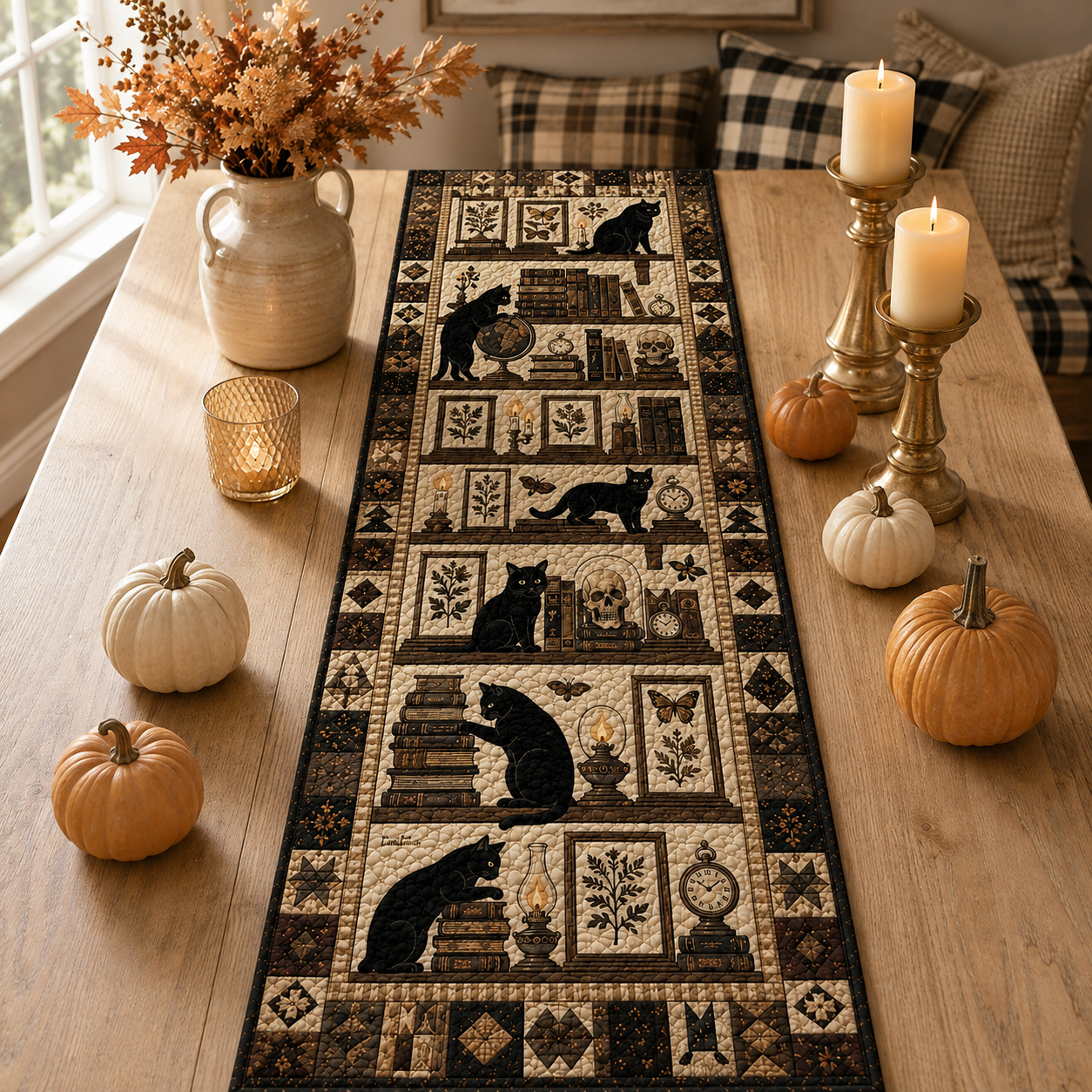 Black Cat Library Quilted Table Runner, Vintage Books & Skull Halloween Table Decor, Witchy Gothic Fall Kitchen Decor b99c7e6d-3f55-489c-87aa-1a264987273d-Image-Aug-13-2026-03_01_17-PM-4-.png