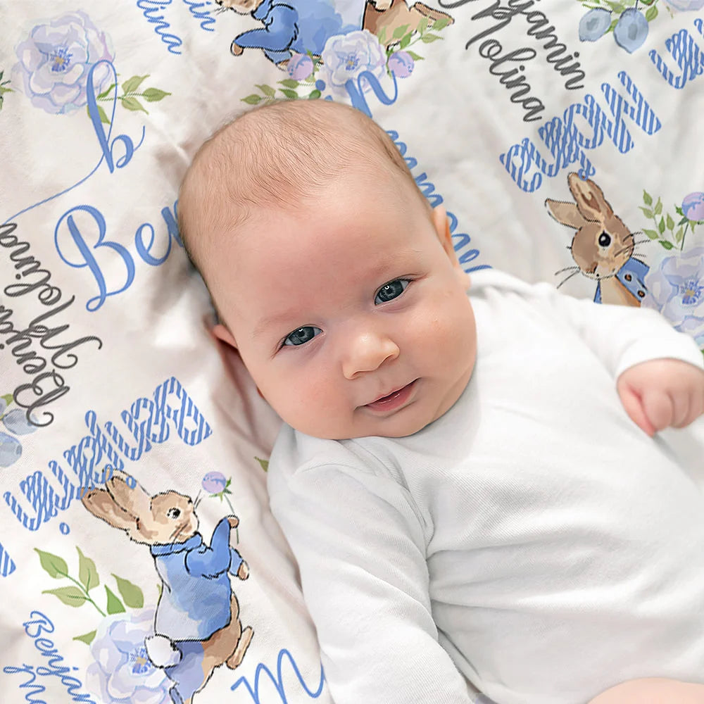 Personalised Peter Rabbit Bunny Floral Blanket with Initial and Name Easter Birthday Gift for Kids