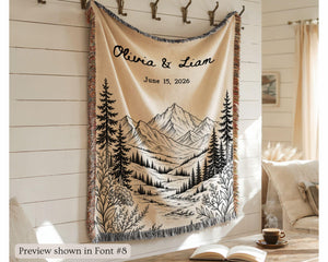 Personalized Mountain Woven Blanket, Custom Couple Name Date Throw, Forest Wedding Gift, Cotton Anniversary Gift for Couples Nature Lovers b99ed67b-de5e-46ac-804e-5fa3d27d532e-1.jpg