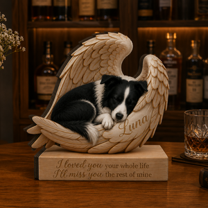 Personalized Wood Border Collie Memorial Block: Custom Angel Wing Dog Portrait Stand, Pet Sympathy Gift